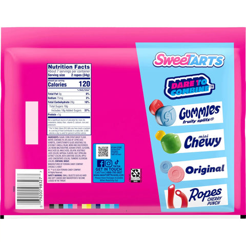 Back of Ropes Candy Twisted Rainbow Punch Flavor Soft And Chewy 9 Oz Pack showing nutritional facts and product variations.