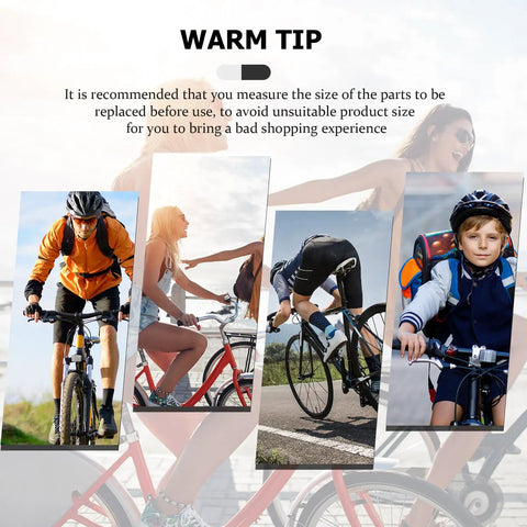 Collage of cyclists of various ages with a warm tip on size measurement for bike parts
