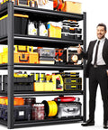 Beefy 5-Tier Heavy Duty Garage Shelving Unit With Adjustable Shelves All Metal Rack Holds Up To 2500 Lbs Great For Tools Bins And Bulk Items In Garage Workshop Basement Or Pantry 71H X 46W X 20D black steel rack with stored tools and bins