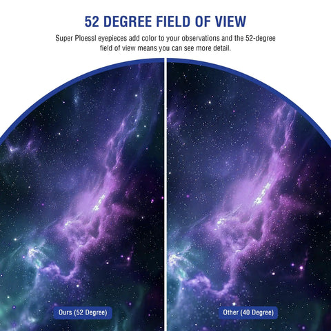 Comparison of nebula view with 52-degree field of view, showcasing enhanced detail with 15mm Eyepiece For Telescopes With 5 Element Fully Multi Coated Optics.