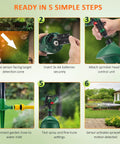 Motion Activated Yard Sprinkler System With Adjustable Head Deterrent For Deer Cats Raccoons And Dogs Skunk Deterrent Scares Off Intruders Outdoor Lawn Water Sprinkler Hose Not Included setup steps with hose, batteries, and spray test