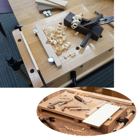 Rock Solid Portable Woodworking Vise And Straight Up Adjustable Bench Table With Hardcore Steel Clamps For Garage Studio Home Workshop Or Shop Diy Uses with beech woodworking surface and tools.