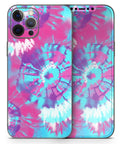 Full Body IPhone Skin Decal Wrap Kit With Spiral Tie Dye Pattern V5 Soft Touch Finish Bubble Free Air Release Adhesive For Snug Protection Without Bulk showing vibrant tie-dye pattern on iPhone.