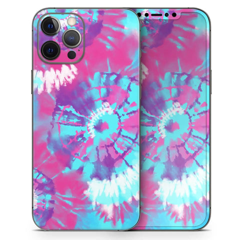 Full Body IPhone Skin Decal Wrap Kit With Spiral Tie Dye Pattern V5 Soft Touch Finish Bubble Free Air Release Adhesive For Snug Protection Without Bulk showing vibrant tie-dye pattern on iPhone.