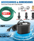Pool Cover Pump 850 GPH For Above Ground Pools With 4 Hose Adapters 23 Ft Drain Hose And 25 Ft Power Cord Ideal Water Pump