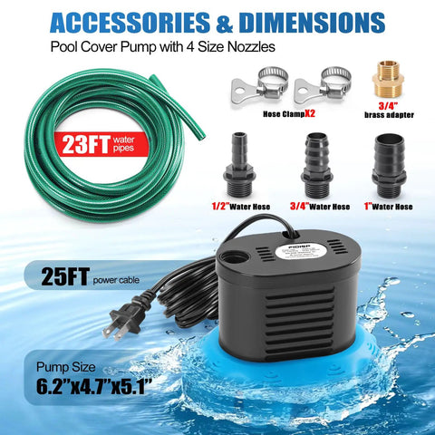 Pool Cover Pump 850 GPH For Above Ground Pools With 4 Hose Adapters 23 Ft Drain Hose And 25 Ft Power Cord Ideal Water Pump