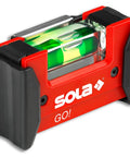 Sola Spirit Level Compact Go! Clip, 0 in red with acrylic vials, dimensions 75x35x45mm, features robust clip.