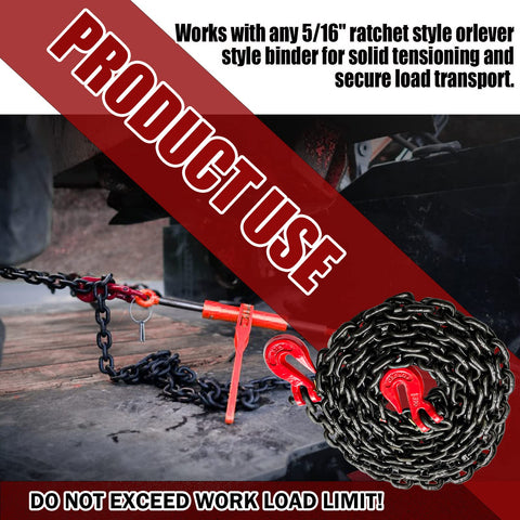 G80 Transport Binder Chain 5/16 Inch By 20 Foot With Clevis Grab Hooks Heavy Duty Tow Chain 4900 Lbs Safe Working Load in use