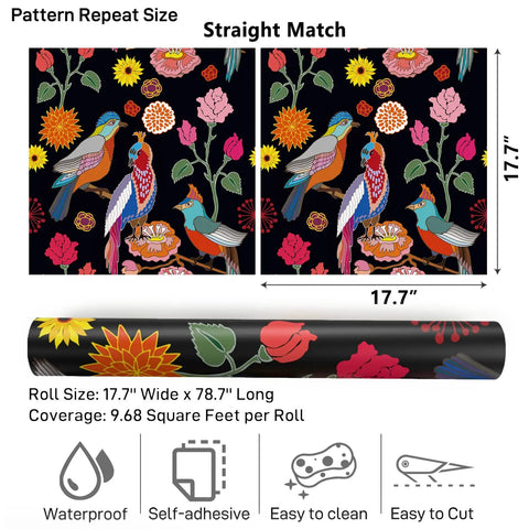 Dark Parrot Floral Peel And Stick Wallpaper 17.7 Inch Wide By 78.7 Inch Long, Exotic Birds And Flowers Pattern, Roll Display