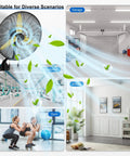 Beefed-Up Heavy Duty Wall Mount Fan with 11,200 CFM airflow in multiple settings; garage, workshop, indoor, and gym use.