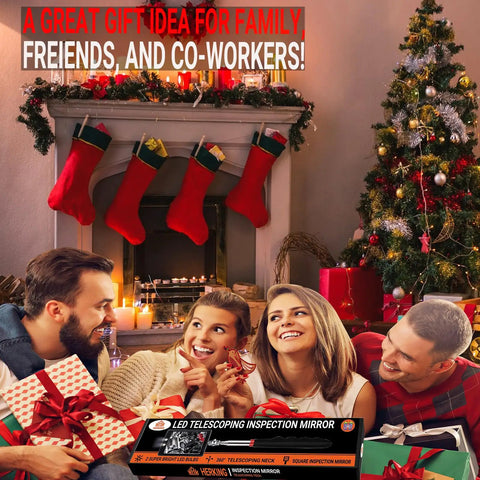 People exchanging gifts by a fireplace with a telescoping inspection mirror as a perfect Valentine's Day gift for men.