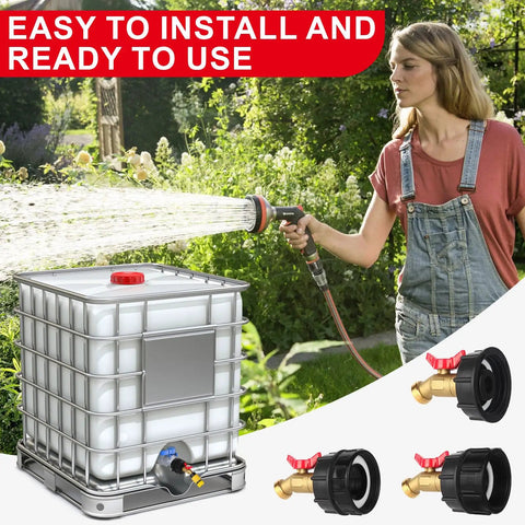 Heavy Duty IBC Tote Adapter Kit For 275 330 Gallon Drums With Three Thread Sizes 1/2 In NPT Inlet, 2 In Fine, 2 In Coarse, And 3/4 In Male GHT Brass Hose Faucet Connector With High Flow Shutoff on IBC tote for garden watering
