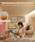 Low Loft Bed With Desk And Six Storage Drawers For Kids Space Saving Twin Loft Bed With Bookshelf LED Lights Under Bed Play Space Guardrail 13.8 Inches Inclined Ladder And Play Curtain Pink And White with play area and roll-up curtain