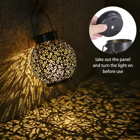 Outdoor Solar Lanterns Hanging Lights For Patio Porch Backyard Decorative Garden Lamps Metal Waterproof LED Lanterns With Auto On Off No Fuss Easy Setup Create Charming Shadow Patterns Two Pack showing floral shadow patterns