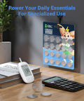 Heavy Duty CR2032 3V Coin Cell Batteries 20 Pack displayed with electronic devices on a wooden desk, showcasing multiple battery cells.