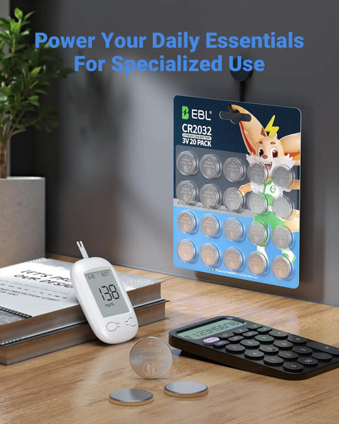 Heavy Duty CR2032 3V Coin Cell Batteries 20 Pack displayed with electronic devices on a wooden desk, showcasing multiple battery cells.