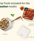 Pizza peel with cooked pizza, deep dish tray, and 12.5 inch pizza stone indoors for direct use in pizza oven at 700 degrees.
