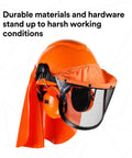 Lumberjack Hard Hat System With UV Indicator, Vent Mesh Visor, Ear Muffs, and Debris Sealer in orange color.