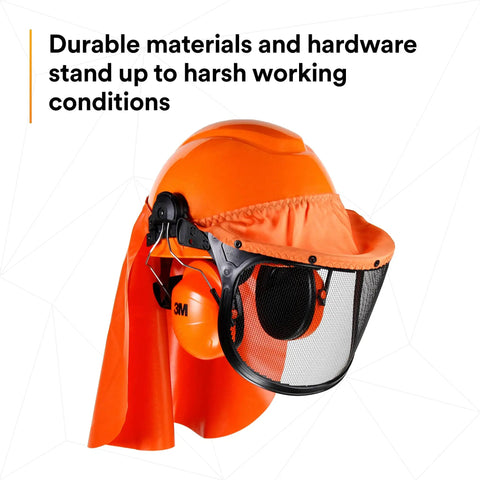 Lumberjack Hard Hat System With UV Indicator, Vent Mesh Visor, Ear Muffs, and Debris Sealer in orange color.