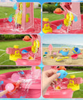 Close-up of Three Tier Auto Water Absorbing Water Table For Toddlers Aged 3 To 5 with water toys in pink sensory play center