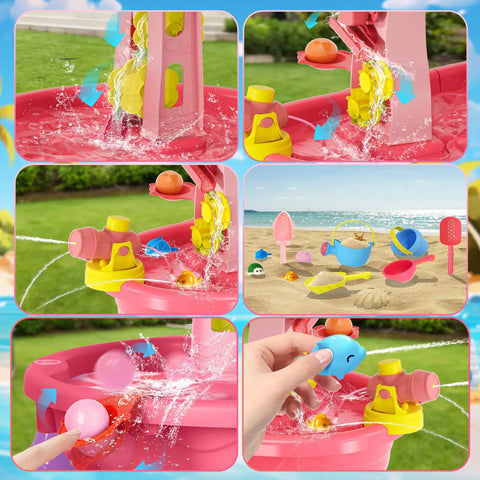 Close-up of Three Tier Auto Water Absorbing Water Table For Toddlers Aged 3 To 5 with water toys in pink sensory play center
