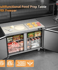Top Shelf Pro Build Commercial Undercounter Freezer With 48 Inch Stainless Steel Worktop Table, 13.4 Cu Ft Capacity Double Door Prep Fridge, Adjustable Wire Shelves For Kitchen Daily Grind with food prep and freezer compartments.