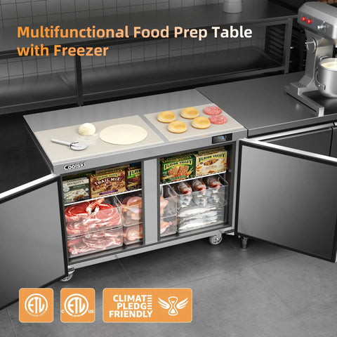Top Shelf Pro Build Commercial Undercounter Freezer With 48 Inch Stainless Steel Worktop Table, 13.4 Cu Ft Capacity Double Door Prep Fridge, Adjustable Wire Shelves For Kitchen Daily Grind with food prep and freezer compartments.
