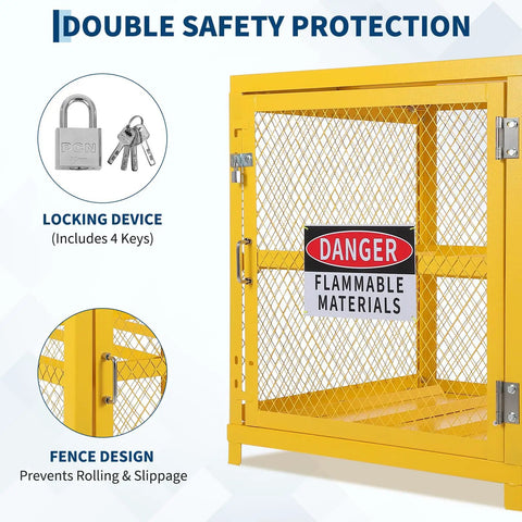 Heavy Duty Hazardous Material Storage Cabinet For Propane Tanks With Lock And Guardrails, yellow powder coated, mesh design