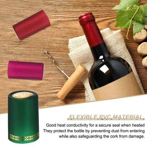 Straight Up Green Heat Shrink Caps For Wine And Oil Bottles 60 Pack 33 X 50 Mm Premium Pvc Bottle Sealer Kit on wooden background.