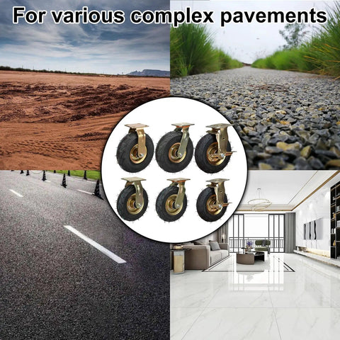 Heavy Duty Pneumatic Rubber Caster Wheels With Brakes Heavy Hitters 4 Pack on various pavements showing smooth rolling capability.