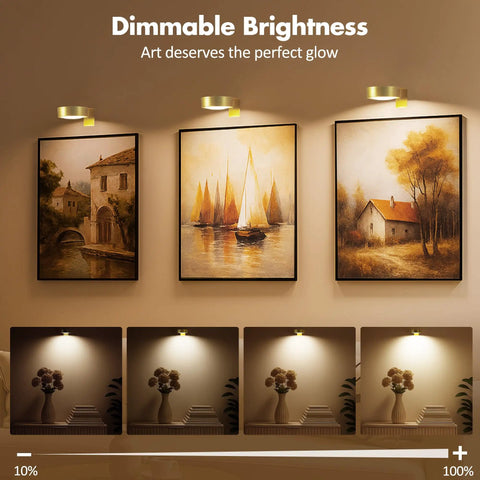 3 Pack Wireless Picture Lights For Wall, Battery Operated Poster Lamps With Polished Gold Finish, Bright 80 Lumen Art Displays illuminating paintings.