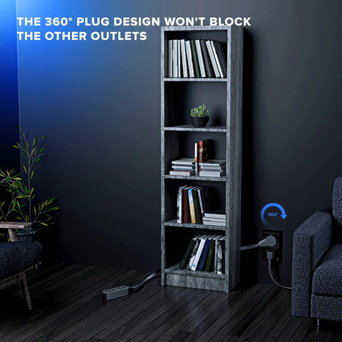360 Degree Rotating Flat Plug Extension Cord with 3 Outlets for Home Office and Travel, 2 ft plugged behind a bookshelf.
