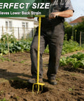 Man using hand tiller cultivator with steel garden claw for easy soil loosening and weeding in a garden bed