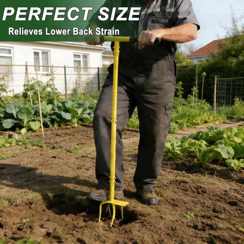 Man using hand tiller cultivator with steel garden claw for easy soil loosening and weeding in a garden bed