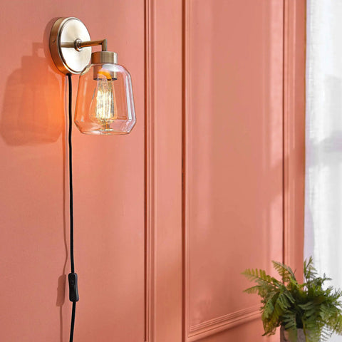 Dope 1 Light Plug In Or Hardwire Wall Sconce In Matte Brass With Smoked Amber Glass Shade And Black Fabric Cord In Line On Off Switch