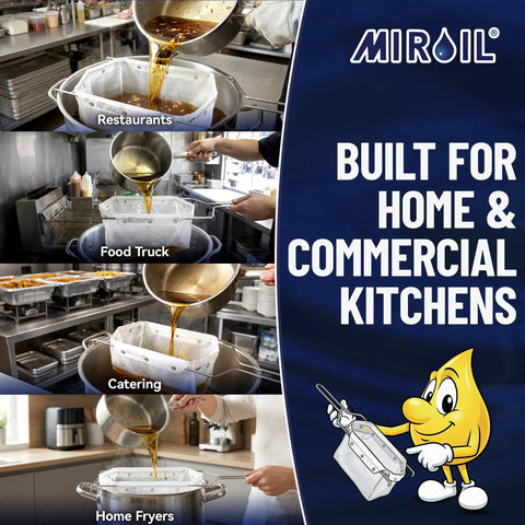 Heavy Duty Fryer Oil Filter Bags Keep Kitchen Gunk Out And Stretch Your Fry Oil Supply With Smooth Pulling Micro Mesh Strainers For Regular Deep Frying Tasks in various kitchen settings.