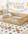 Rock Solid Full Size Montessori Floor Bed With Safety Rails, Natural Solid Wood Kids Sleep Platform in a cozy playroom.