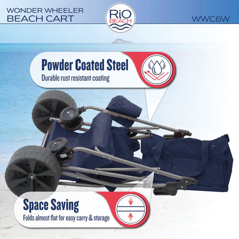Wonder Wheeler Deluxe All Terrain Utility Cart For Lawn And Beach Folding Tote With 10 Inch Wheels Handles 48 Quart Cooler And Four Beach Chairs, Easy Pull Across Sand, Grass, And Dirt in folded position showing powder coated steel frame on sand.