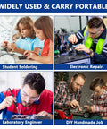 Various people using Heavy Duty Soldering Iron Kit With Heat Set Insert Tool for diverse projects like electronics and DIY repairs.
