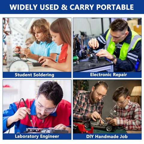 Various people using Heavy Duty Soldering Iron Kit With Heat Set Insert Tool for diverse projects like electronics and DIY repairs.