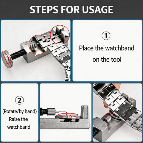 All In One Watch Repair Kit With Battery Replacement Tools, Link Removal Kit, watchband adjustment steps for DIY enthusiasts