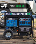 Keep The Lights On With A 12000 Watt Dual Fuel Portable Generator For Whole Home Power Backup Gas Or Propane With Electric Start Transfer Switch Ready RV Ready And Emergency Power Supply on driveway next to RV