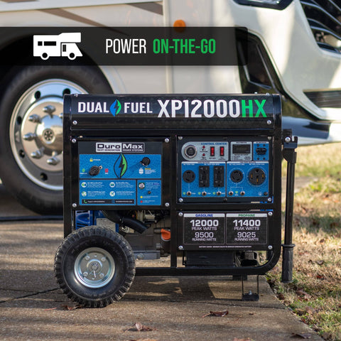 Keep The Lights On With A 12000 Watt Dual Fuel Portable Generator For Whole Home Power Backup Gas Or Propane With Electric Start Transfer Switch Ready RV Ready And Emergency Power Supply on driveway next to RV