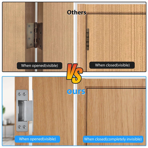 Comparison of visible hinges vs Hidden Door Hinge 4 Inch Two Pack 304 Stainless Steel Heavy Duty Beefy Invisible Hinge For Doors Ambidextrous 3mm Thick Size 4 Inch By 1 Inch Fits Cabinets And Doors when closed.