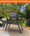 Adjustable Outdoor Grill Stand Built Tough for Woodfire OG700 OG800 OG900 OO101 Pizza Oven, shown on patio with grill.