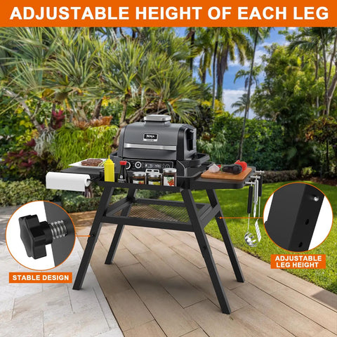 Adjustable Outdoor Grill Stand Built Tough for Woodfire OG700 OG800 OG900 OO101 Pizza Oven, shown on patio with grill.