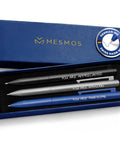 Three Pack Luxury Metal Ballpoint Pens Set For Teachers And Pros in blue case, showing black, grey, and blue pens with engravings.
