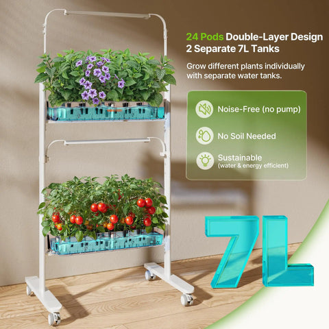 2 Tier Indoor Hydroponics Growing System Kit With 24 Pods And Full Spectrum Grow Lights, Smart Controller on wooden floor