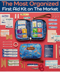 KeepGoing Travel First Aid Kit for Kids, blue fabric case with vehicle pattern, 130 pieces (TSA-approved)