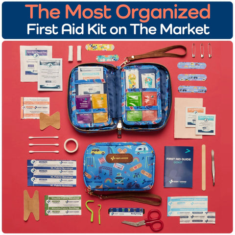 KeepGoing Travel First Aid Kit for Kids, blue fabric case with vehicle pattern, 130 pieces (TSA-approved)